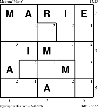 The grouppuzzles.com Medium Marie puzzle for Monday May 4, 2026 with all 3 steps marked