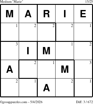The grouppuzzles.com Medium Marie puzzle for Monday May 4, 2026 with the first 3 steps marked