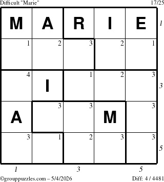 The grouppuzzles.com Difficult Marie puzzle for Monday May 4, 2026, suitable for printing, with all 4 steps marked