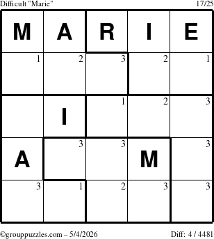 The grouppuzzles.com Difficult Marie puzzle for Monday May 4, 2026 with the first 3 steps marked