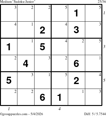 The grouppuzzles.com Medium Sudoku-Junior puzzle for Monday May 4, 2026, suitable for printing, with all 5 steps marked