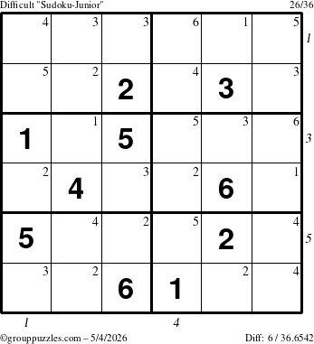 The grouppuzzles.com Difficult Sudoku-Junior puzzle for Monday May 4, 2026 with all 6 steps marked