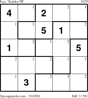The grouppuzzles.com Easy Sudoku-5B puzzle for Monday May 4, 2026 with the first 3 steps marked