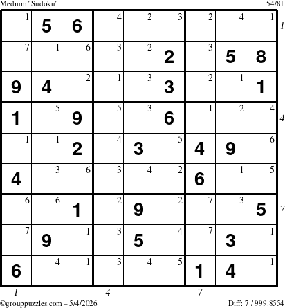 The grouppuzzles.com Medium Sudoku puzzle for Monday May 4, 2026, suitable for printing, with all 7 steps marked