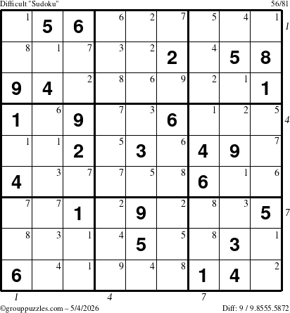 The grouppuzzles.com Difficult Sudoku puzzle for Monday May 4, 2026, suitable for printing, with all 9 steps marked