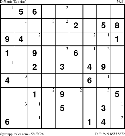 The grouppuzzles.com Difficult Sudoku puzzle for Monday May 4, 2026 with the first 3 steps marked