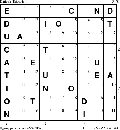 The grouppuzzles.com Difficult Education-c1 puzzle for Monday May 4, 2026 with all 13 steps marked