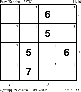 The grouppuzzles.com Easy Sudoku-4-5678 puzzle for Monday October 12, 2026, suitable for printing, with all 3 steps marked