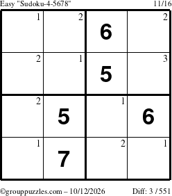 The grouppuzzles.com Easy Sudoku-4-5678 puzzle for Monday October 12, 2026 with the first 3 steps marked