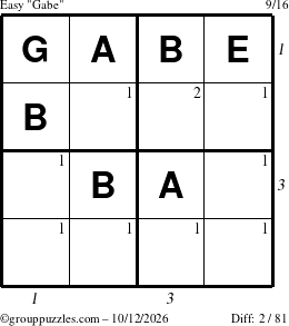 The grouppuzzles.com Easy Gabe puzzle for Monday October 12, 2026 with all 2 steps marked