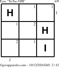 The grouppuzzles.com Easy TicTac-GHI puzzle for Monday October 12, 2026 with all 2 steps marked