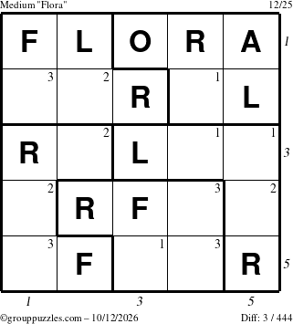 The grouppuzzles.com Medium Flora puzzle for Monday October 12, 2026, suitable for printing, with all 3 steps marked