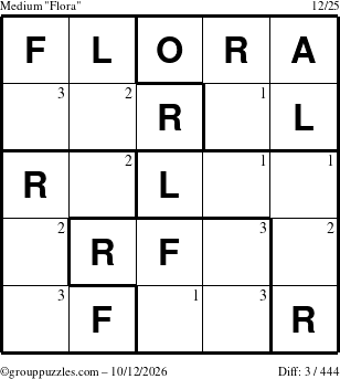 The grouppuzzles.com Medium Flora puzzle for Monday October 12, 2026 with the first 3 steps marked