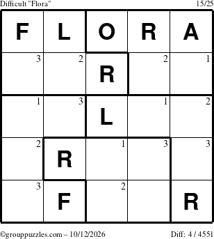 The grouppuzzles.com Difficult Flora puzzle for Monday October 12, 2026 with the first 3 steps marked