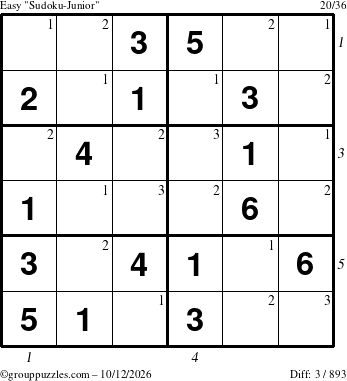 The grouppuzzles.com Easy Sudoku-Junior puzzle for Monday October 12, 2026 with all 3 steps marked