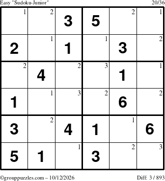 The grouppuzzles.com Easy Sudoku-Junior puzzle for Monday October 12, 2026 with the first 3 steps marked
