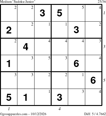The grouppuzzles.com Medium Sudoku-Junior puzzle for Monday October 12, 2026 with all 5 steps marked