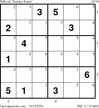 The grouppuzzles.com Difficult Sudoku-Junior puzzle for Monday October 12, 2026, suitable for printing, with all 6 steps marked