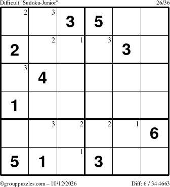 The grouppuzzles.com Difficult Sudoku-Junior puzzle for Monday October 12, 2026 with the first 3 steps marked
