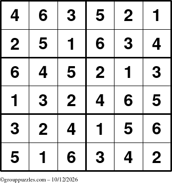 The grouppuzzles.com Answer grid for the Sudoku-Junior puzzle for Monday October 12, 2026