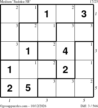 The grouppuzzles.com Medium Sudoku-5B puzzle for Monday October 12, 2026, suitable for printing, with all 3 steps marked