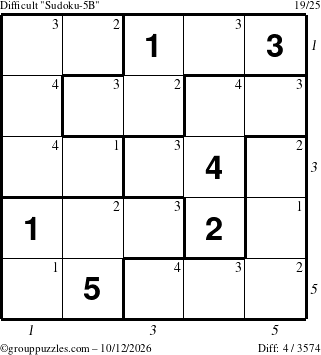 The grouppuzzles.com Difficult Sudoku-5B puzzle for Monday October 12, 2026, suitable for printing, with all 4 steps marked