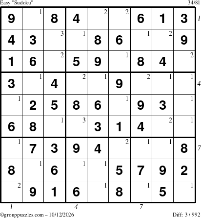 The grouppuzzles.com Easy Sudoku puzzle for Monday October 12, 2026 with all 3 steps marked