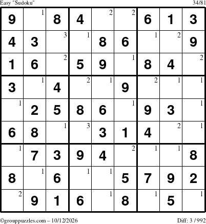 The grouppuzzles.com Easy Sudoku puzzle for Monday October 12, 2026 with the first 3 steps marked