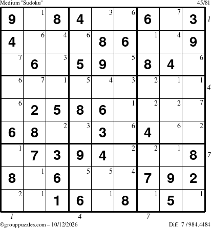 The grouppuzzles.com Medium Sudoku puzzle for Monday October 12, 2026, suitable for printing, with all 7 steps marked