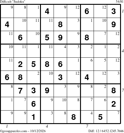 The grouppuzzles.com Difficult Sudoku puzzle for Monday October 12, 2026, suitable for printing, with all 12 steps marked