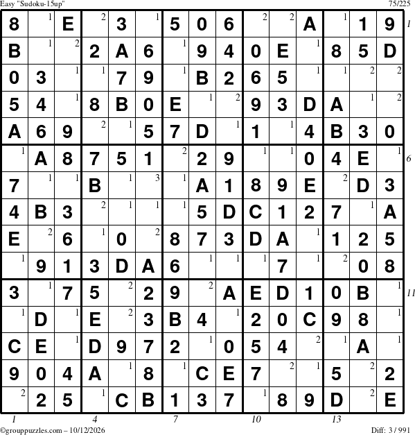 The grouppuzzles.com Easy Sudoku-15up puzzle for Monday October 12, 2026, suitable for printing, with all 3 steps marked