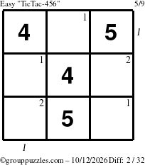 The grouppuzzles.com Easy TicTac-456 puzzle for Monday October 12, 2026, suitable for printing, with all 2 steps marked