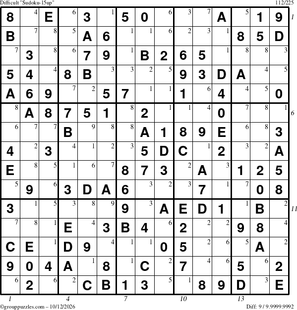 The grouppuzzles.com Difficult Sudoku-15up puzzle for Monday October 12, 2026, suitable for printing, with all 9 steps marked