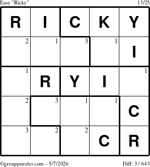 The grouppuzzles.com Easy Ricky puzzle for Thursday May 7, 2026 with the first 3 steps marked