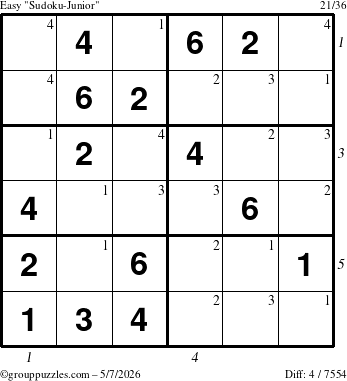 The grouppuzzles.com Easy Sudoku-Junior puzzle for Thursday May 7, 2026 with all 4 steps marked