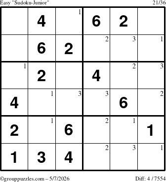 The grouppuzzles.com Easy Sudoku-Junior puzzle for Thursday May 7, 2026 with the first 3 steps marked