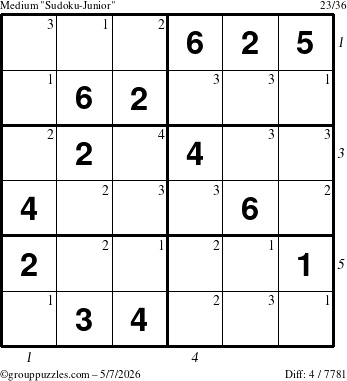 The grouppuzzles.com Medium Sudoku-Junior puzzle for Thursday May 7, 2026 with all 4 steps marked