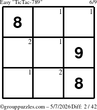 The grouppuzzles.com Easy TicTac-789 puzzle for Thursday May 7, 2026 with the first 2 steps marked