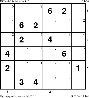 The grouppuzzles.com Difficult Sudoku-Junior puzzle for Thursday May 7, 2026 with all 5 steps marked