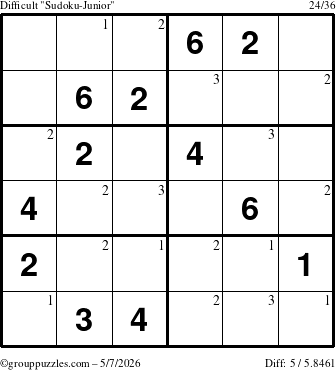 The grouppuzzles.com Difficult Sudoku-Junior puzzle for Thursday May 7, 2026 with the first 3 steps marked