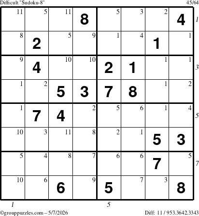 The grouppuzzles.com Difficult Sudoku-8 puzzle for Thursday May 7, 2026, suitable for printing, with all 11 steps marked