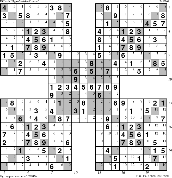 The grouppuzzles.com Difficult cover-HyperXtreme puzzle for Thursday May 7, 2026, suitable for printing, with all 13 steps marked