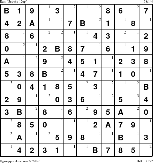 The grouppuzzles.com Easy Sudoku-12up puzzle for Thursday May 7, 2026 with the first 3 steps marked