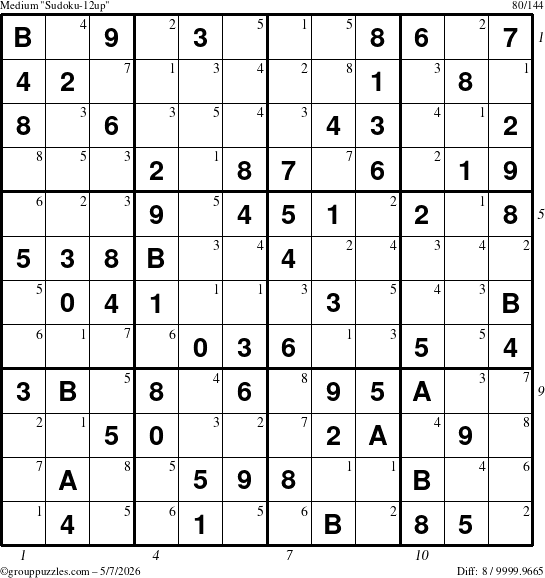 The grouppuzzles.com Medium Sudoku-12up puzzle for Thursday May 7, 2026, suitable for printing, with all 8 steps marked