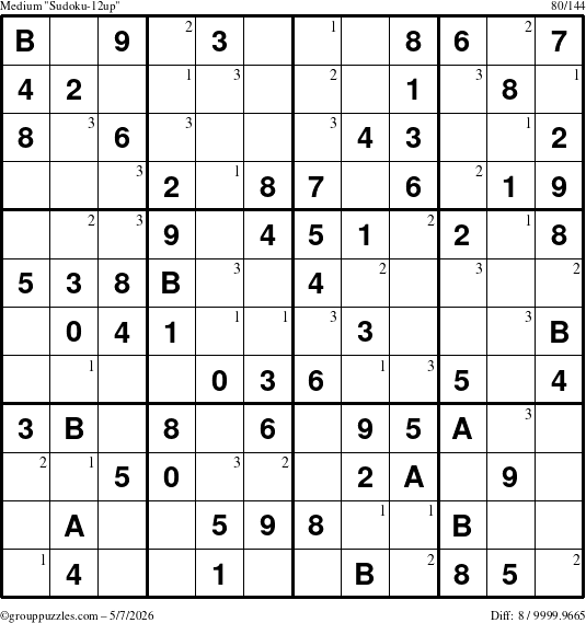 The grouppuzzles.com Medium Sudoku-12up puzzle for Thursday May 7, 2026 with the first 3 steps marked