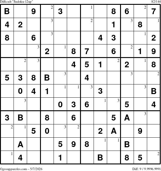 The grouppuzzles.com Difficult Sudoku-12up puzzle for Thursday May 7, 2026 with the first 3 steps marked
