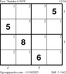 The grouppuzzles.com Easy Sudoku-4-5678 puzzle for Monday November 10, 2025, suitable for printing, with all 3 steps marked