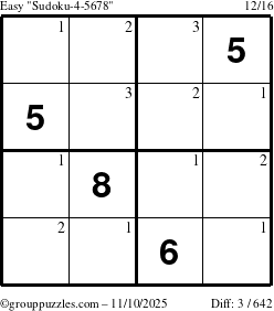The grouppuzzles.com Easy Sudoku-4-5678 puzzle for Monday November 10, 2025 with the first 3 steps marked
