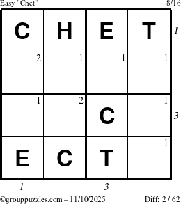 The grouppuzzles.com Easy Chet puzzle for Monday November 10, 2025, suitable for printing, with all 2 steps marked