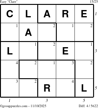 The grouppuzzles.com Easy Clare puzzle for Monday November 10, 2025 with all 4 steps marked